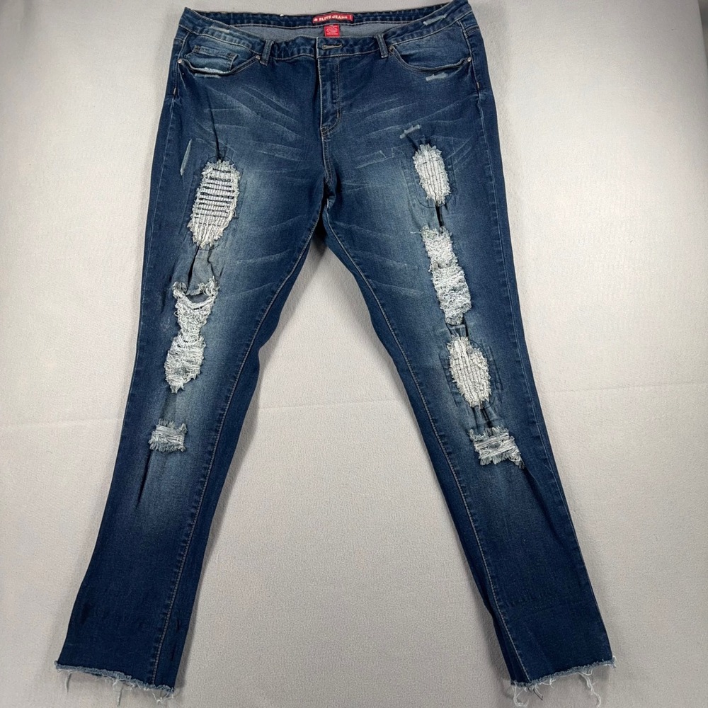 Elite Jeans Womens 20 Dark Wash Distressed Skinny Jeans PT16122X Raw Hem